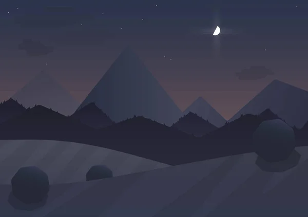 Ночной мультфильм Горный пейзаж фон с деревьями и луной. Векторная иллюстрация . — стоковый вектор