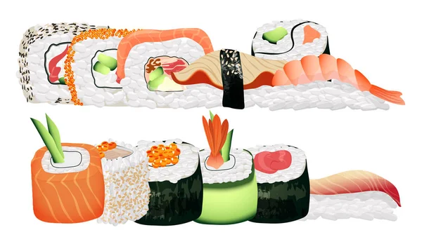 Japanese seafood sushi rolls group. Healthy asian sushi food in restaurant menu. — Stock Vector
