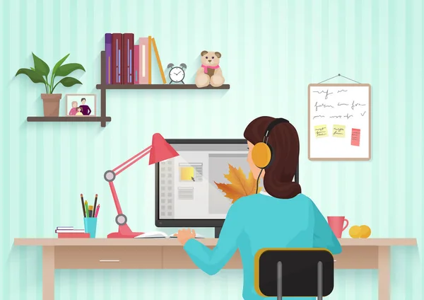 Diseñadora bastante femenina trabajando con colores en casa. Mujer joven que trabaja en la oficina, sentado en el escritorio, utilizando el ordenador portátil con interfaz gráfica . — Archivo Imágenes Vectoriales