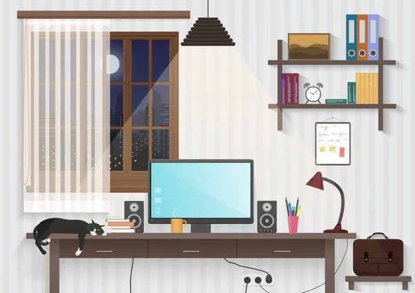 Habitación de chico adolescente moderno con lugar de trabajo. Ordenador de escritorio masculino para hombre en la oficina moderna o en el hogar . — Vector de stock