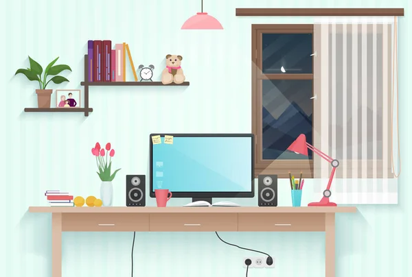 Quarto adolescente moderno com local de trabalho. Mulher computador desktop feminino no escritório moderno ou em casa . — Vetor de Stock