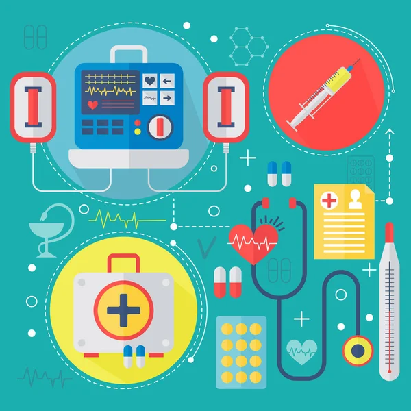 Moderní medicína a plochý koncepce zdravotnické služby. Lékařské farmacie technologie diagnostiky infografiky design, prvky www, plakát bannery. — Stockový vektor