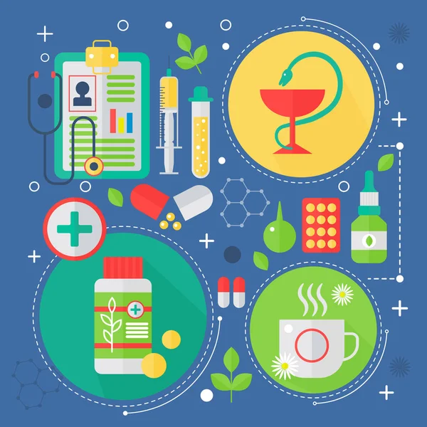 Moderne geneeskunde en gezondheidszorg platte concept. Medische apotheek technologieontwerp diagnostiek infographics, webelementen, poster banners. — Stockvector