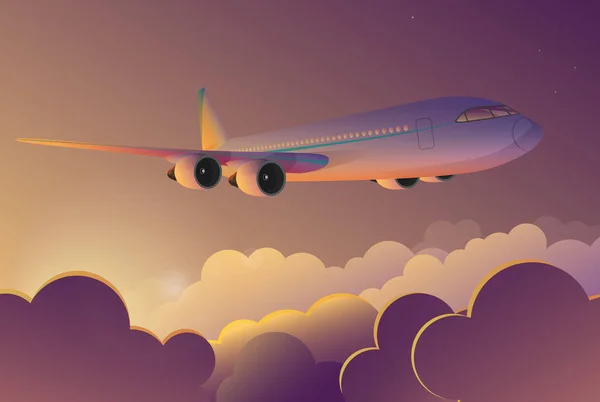 Avión volando en el cielo al amanecer. Viaje en avión vuelo vector ilustración de dibujos animados . — Archivo Imágenes Vectoriales