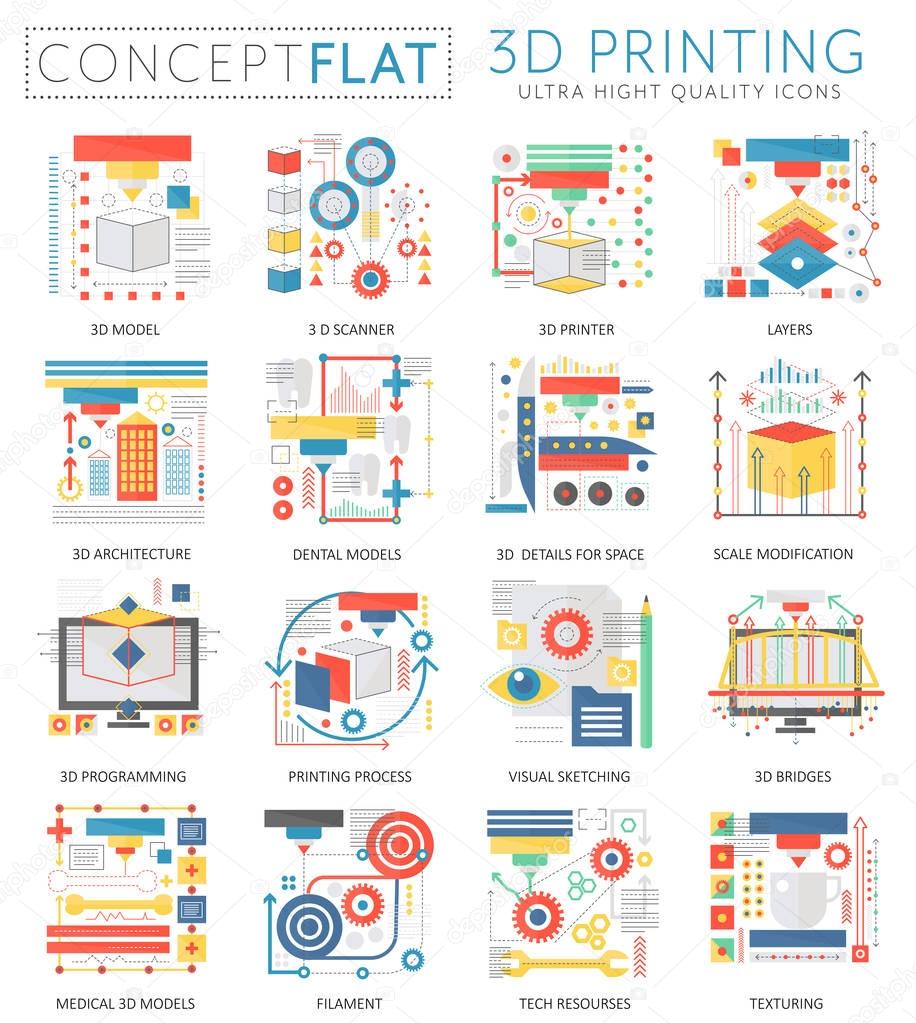 Infographics mini concept 3d printing technology icons for web. Premium quality color conceptual flat design web graphics icons elements. 3d printing concepts.