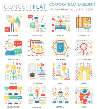 Web için Infographics mini kavramı kurumsal yönetim simgeler. Üstün kaliteli simgeler öğeleri kavramsal düz tasarım web grafik renk. Kurumsal Yönetim Araçları kavramları.