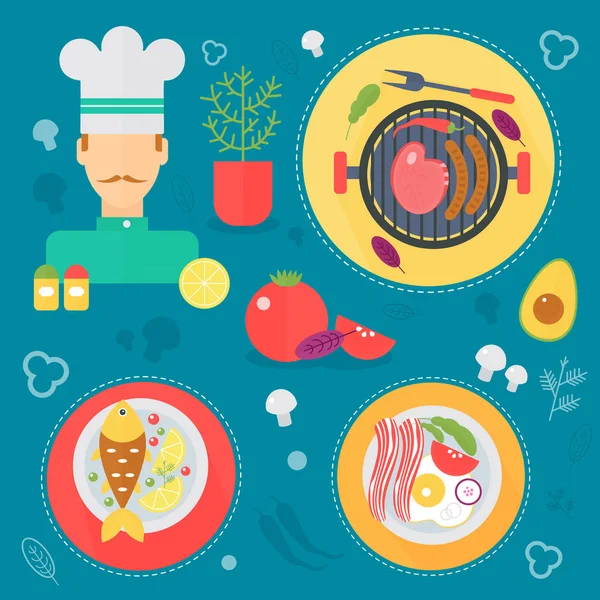 Cuisine moderne amour concept plat. Outils de cuisine, plat et cuisine infographie design, éléments web, bannières d'affiches . — Image vectorielle