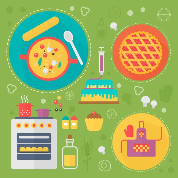 Modern főzés szeretet lapos koncepció. Konyhai eszközök és a főzés élelmiszer infographics design, web elemek, poszter bannerek. — Stock Vector