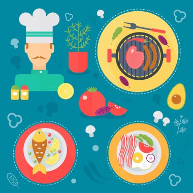 Modern yemek aşk düz kavramı. Mutfak aletleri, yemek yemek ve pişirme infographics tasarım, web öğeleri, poster afiş.