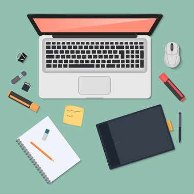 Gerçekçi teknoloji işyeri organizasyon. Renk çalışma masası dizüstü bilgisayar, akıllı telefon, tablet pc, günlüğü, gözlük ve tabletler ile Üstten Görünüm.