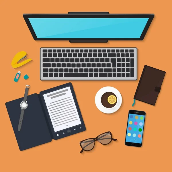 Realistische technologie werkplek organisatie. Bovenaanzicht van kleur Bureau met laptop, reader, smartphone, tablet pc, dagboek, bril en koffiemok. — Stockvector