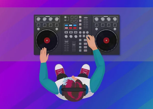 DJ játszik vinil a neon színű világos háttér. Felülnézet. DJ felület munkaterület mixer konzol lemezjátszó. Éjszakai klub koncepció. DJ fiatalember. — Stock Vector