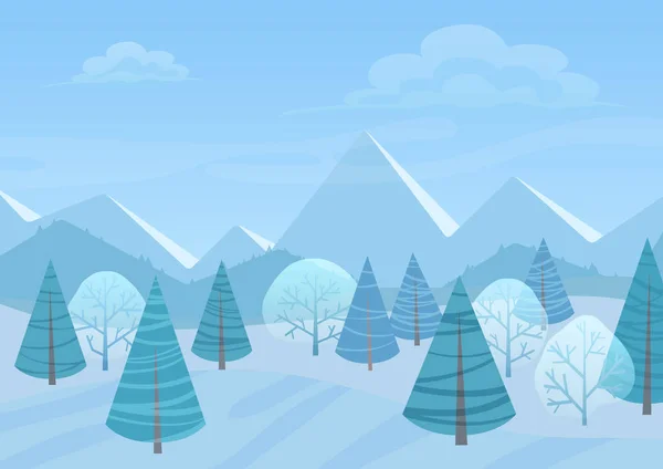 Szép karácsony tél lapos táj háttér. Karácsonyi erdő erdők, hegyek. Új év téli vektor táj. — Stock Vector