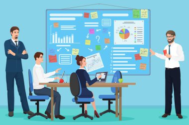 İş insanlar grup sunu finans, iş adamları takım eğitim coworking konferans düz vektör çizim Toplantı.