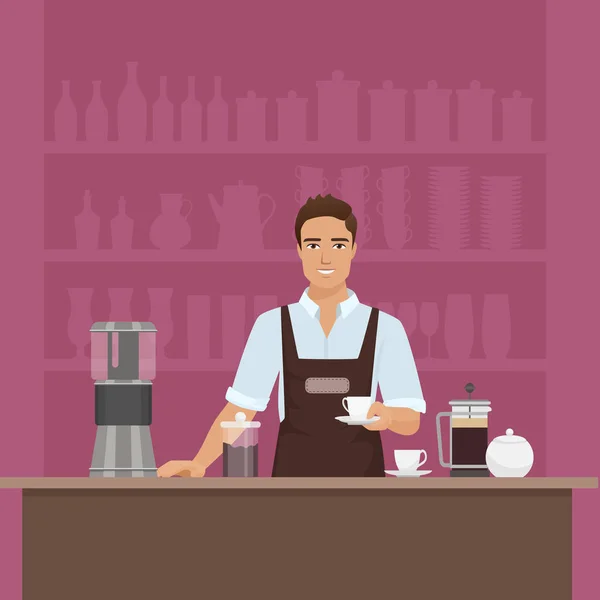 Un joven camarero sonriente preparando café con el vector de la máquina de café en el restaurante cafetería . — Archivo Imágenes Vectoriales