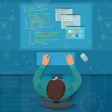 Adam yazılım mühendisi kavramı ile tasarım, optimizasyon, duyarlı ve geliştirici çözümleri. Kodlayıcı üstten görünüm sanal çalışma alanı.