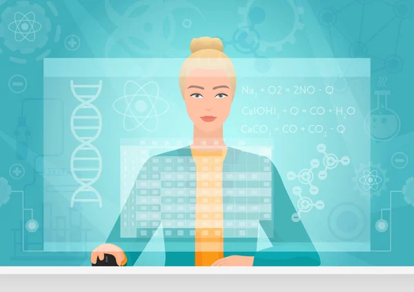 Mujer de biología genética química que trabaja utilizando el espacio de trabajo de la interfaz de medios virtuales. Bioingeniero químico trabajando con la tabla de fórmulas virtual en la pantalla virtual . — Archivo Imágenes Vectoriales