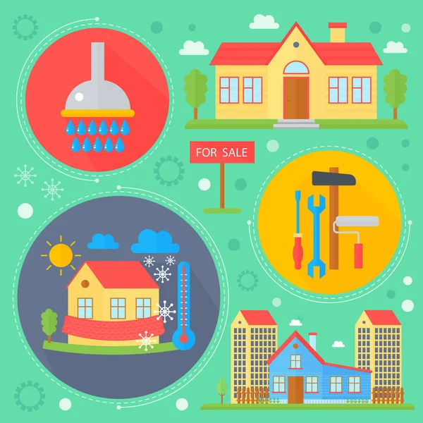 Vector Real estate design concept set with sale and rental market apartment search improvements flat icons infographics design, web elements, poster banners. Vector illustration. — Stock Vector