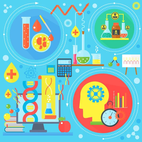 Lapos koncepció a tudomány és a technológia. Tudományos kutatási, kémiai kísérlet infographics koncepcióterv, webes elemek, zászlók poszter. Vektoros illusztráció. — Stock Vector