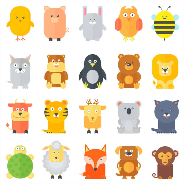 Colección de iconos de animales. Conjunto de animales planos. Ilustración vectorial . — Vector de stock