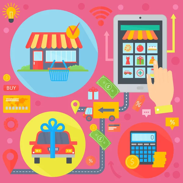 Online alışveriş, mobil ve dijital pazarlama infographics şablon simgeler daire tasarımı, web başlık E-ticaret simgeler pazarlama. Araba satın alma. Vektör çizim. — Stok Vektör