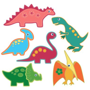 Tatlı parlak dinozorlar yamalar vektör çizim kümesi. Karton dino stili.