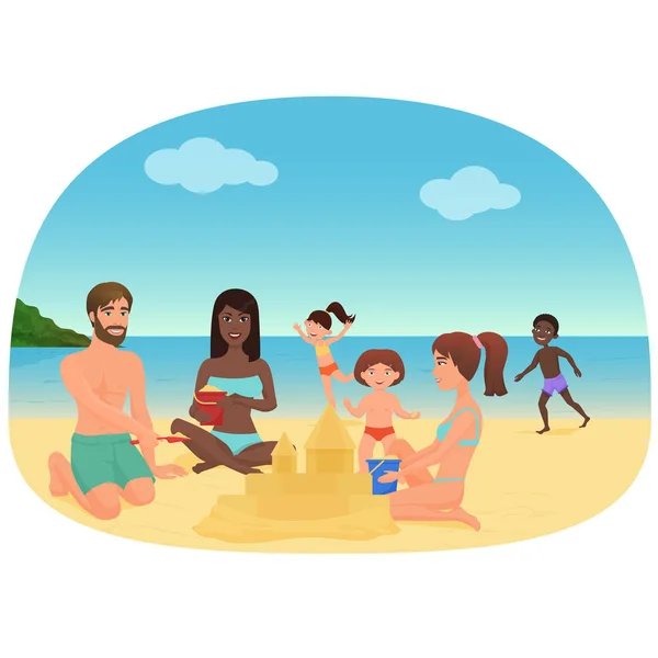 Adultos y niños haciendo castillos de arena y divertirse en la ilustración vectorial de playa . — Vector de stock