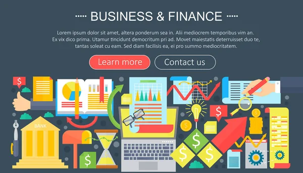 Conceptul de afaceri și finanțe pictograme plate. Design șabloane infografice de afaceri, elemente web, banner poster, ilustrație vectorială . — Vector de stoc