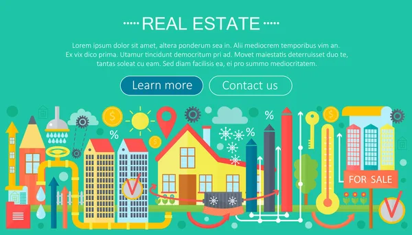 Immobilien-Design-Konzept mit Online-Suche Mietwohnungsmarkt Kauf Flat-Icon-Infografik-Template-Design, Web-Header-Symbole Elemente eingestellt. Vektorillustration. — Stockvektor