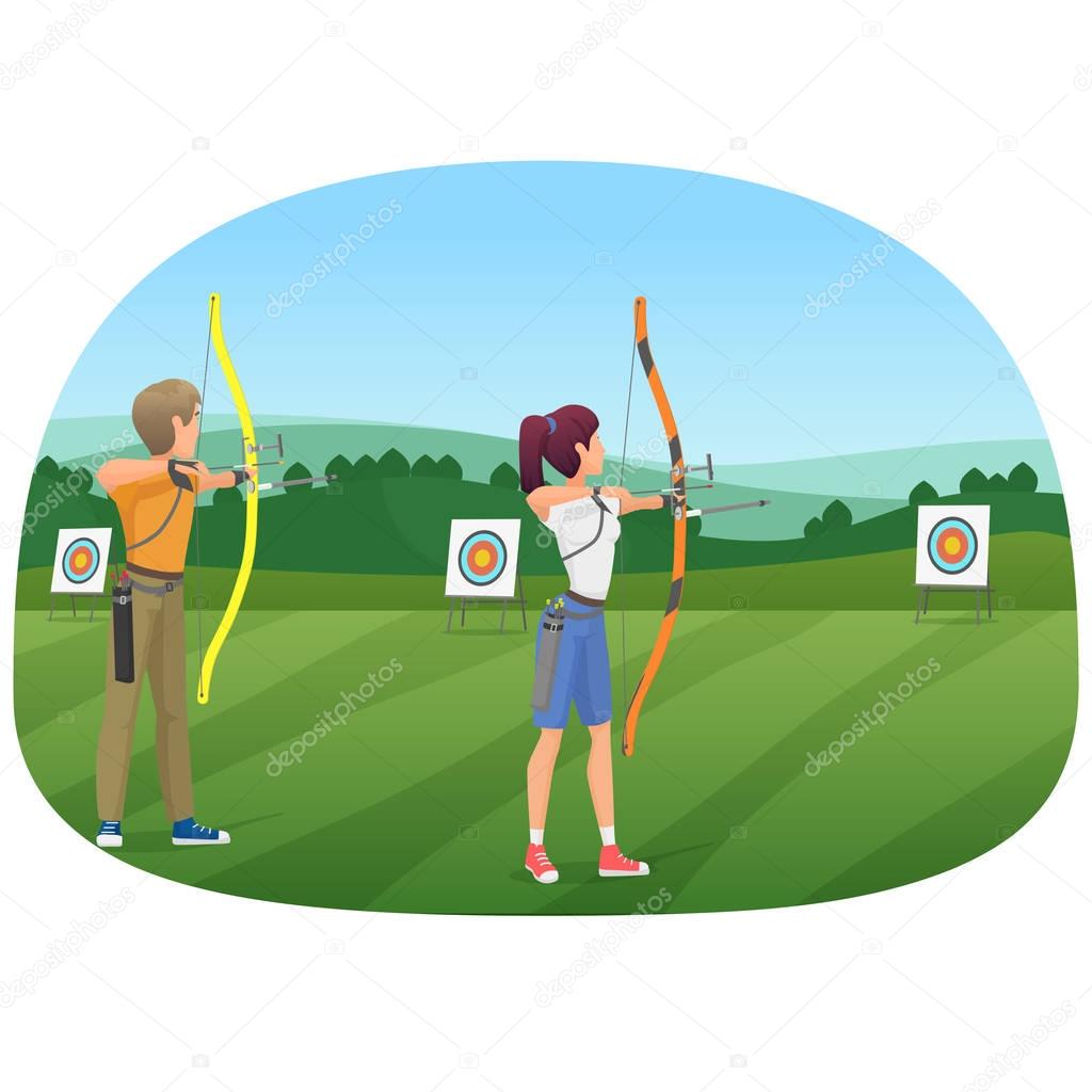 Man and woman standing with bows and aiming to the target vector illustration.