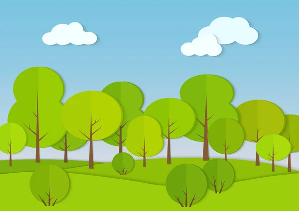 Bos hout karton papier landschap. Park groene boom met bush vectorillustratie. — Stockvector