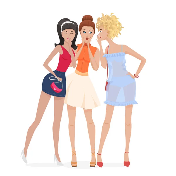 Drie vrouwen roddels permanent en praten geïsoleerd op wit vector illustratie. Girlfriends gossip. — Stockvector