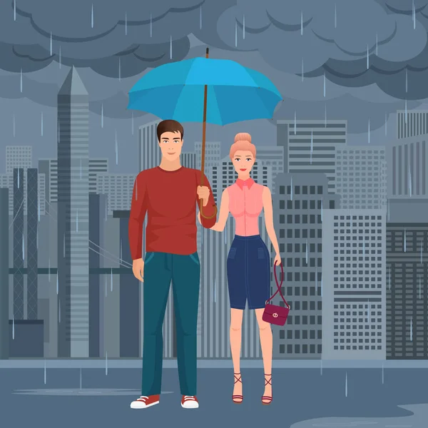 Jeune couple heureux paire debout sous le parapluie dans la rue en gris foncé illustration vectorielle jour de pluie . — Image vectorielle