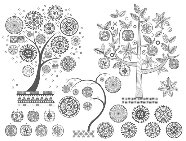 Ornament treesThe leaves and ornamental circles on the tree vector illustration. Aztecs Mayan ancient civilizations ornaments. — Stock Vector