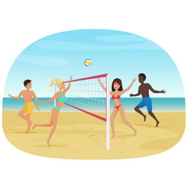 İnsanlar eğlenmek beach vektör çizim üzerinde voleybol oynarken. Active seabeach spor.