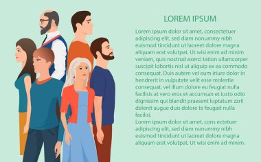 Kopya alanı duran farklı insanlar illüstrasyon vektör. İnsanları birbirine kompozisyon.