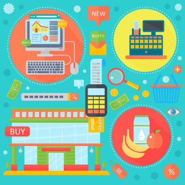 Online alışveriş, mobil ve dijital pazarlama infographics şablon simgeler daire tasarımı, web başlık E-ticaret simgeler pazarlama. Vektör çizim.