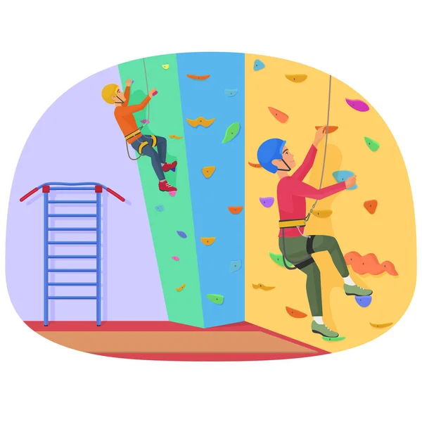 Two people climbing on a rock-climbing wall vector illustration. — Stock Vector