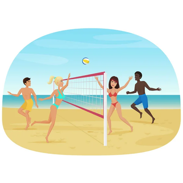 Az emberek birtoklás móka játszani röplabda a strandon vektoros illusztráció. Aktív seabeach sport. — Stock Vector