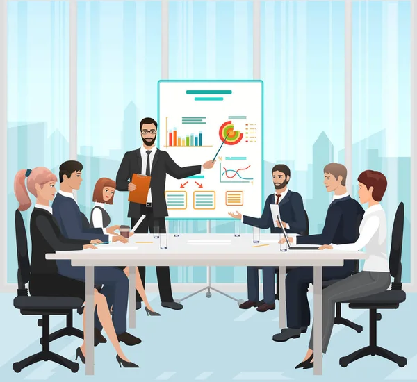 Ein Manager Geschäftsmann führt die Präsentation während des Treffens im Büro Vektor Illustration. — Stockvektor