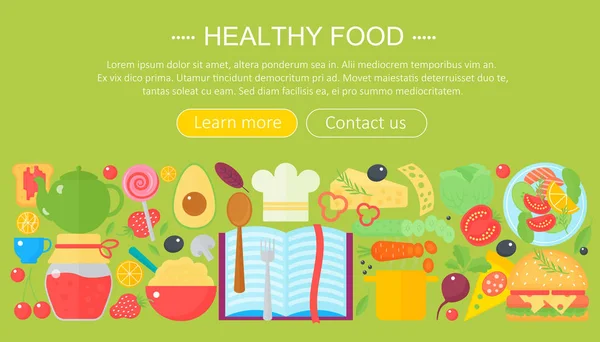 烹饪集合、 健康食品信息图表模板设计、 web 标题元素、 海报横幅。食物矢量图. — 图库矢量图片