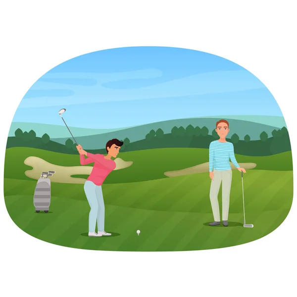 A person making a shot playing the golf while his friend waiting. — Stock Vector