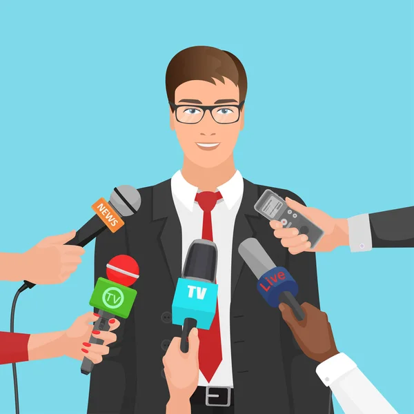 Boldog üzletember ruha megkérdezett több újságíró a mikrofon. Üzleti hírek. — Stock Vector