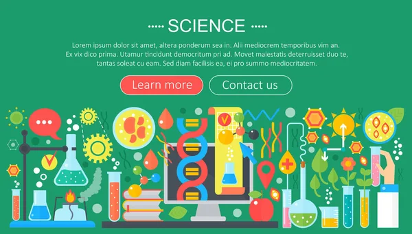 Concepto de diseño plano de ciencia. Banner horizontal con lugar de trabajo de laboratorio científico. Investigación científica experimento infografías plantilla diseño, web encabezado iconos elements.Vector ilustración . — Archivo Imágenes Vectoriales