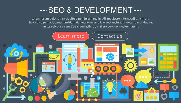 SEO és fejlesztési koncepció design infographics sablon design, web seo ikonok fejlécelemeket. Vektoros illusztráció. — Stock Vector