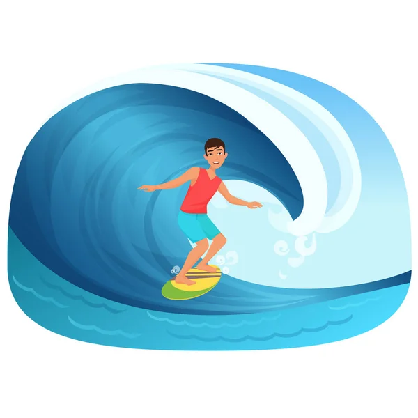 Young man riding a surfboard in the wave vector illustartion. — Stock Vector