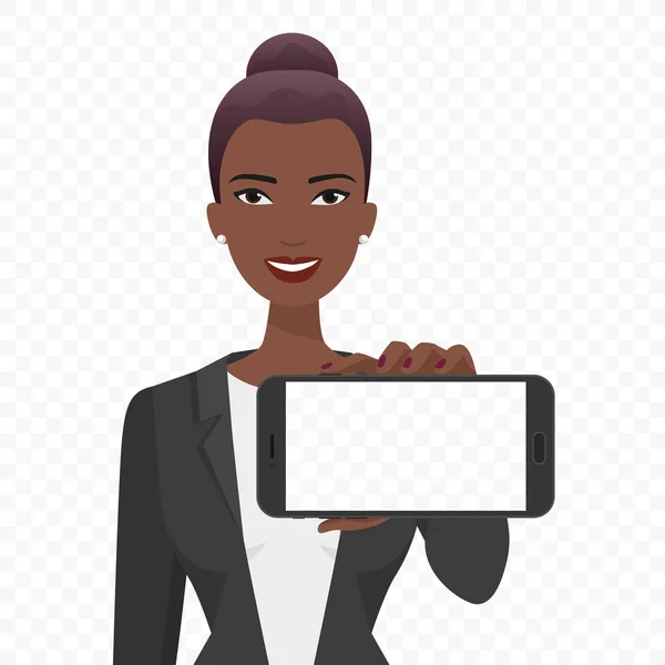 Junge afrikanische Geschäftsfrau, die den leeren Smartphone-Bildschirm zeigt. Telefon alpha transperanter Hintergrund. — Stockvektor