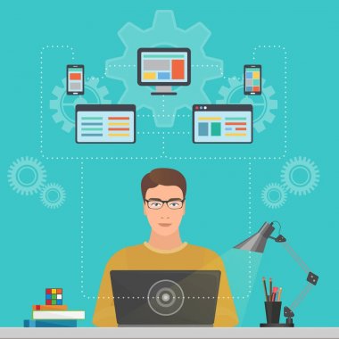 Adam yazılım mühendisi programcı laptop Concept ile tasarım, optimizasyon, duyarlı ve geliştirici çözümleri.