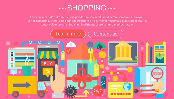 Vásárlás Online, és E-Commerce Shopping fogalmát. Online e-kereskedelmi infographics sablon design, web Headerbild vásárlás ikonok elemek. Vektoros illusztráció. — Stock Vector