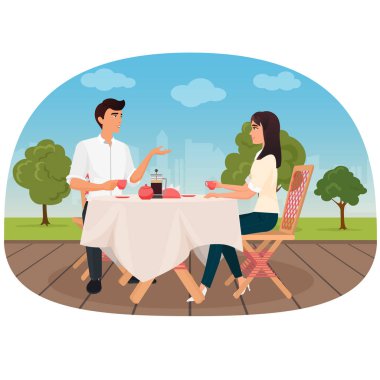 Bir kahve içer ve vektör çizim konuşmak dışında kafede oturan bir çift.